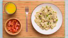 Vegan plate of pasta carbonara with smoked tofu/