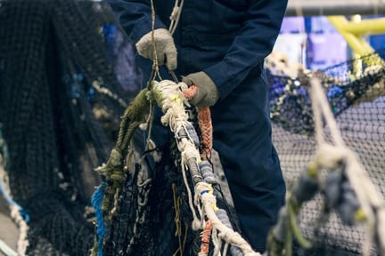 Man pulling old fishing nets out of the water 