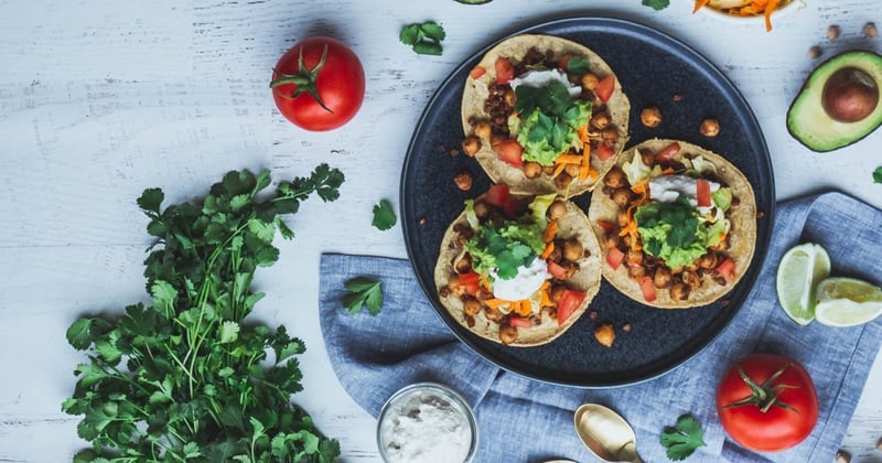 Plant based tacos on a round plate.
